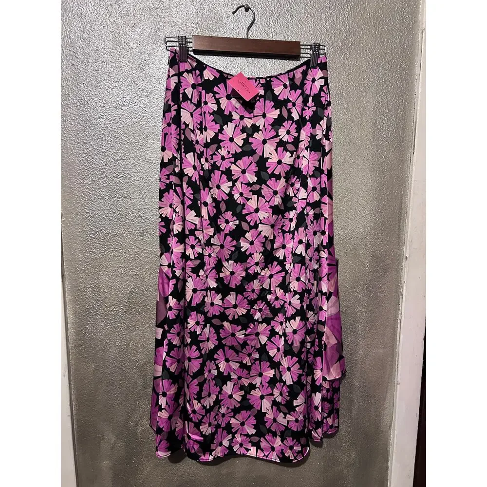 Kate Spade Wallflower Satin Floral Skirt Size 10 NWT Pink Black Asymmetrical